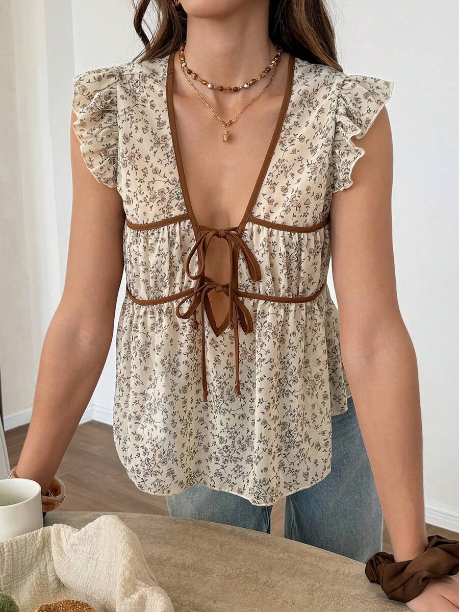 Women's Summer Casual Retro Ditsy Floral Tie Front Ruffle Hem Blouse - Multicolor - View 1