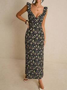 女士休闲碎花中长连衣裙，适合度假 - 黑色 - 查看 4