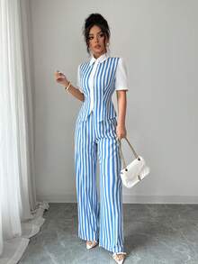 SHEIN Elenzya 优雅通勤及度假蓝白条纹衬衫+长裤两件套女装 - 藍白色 - 查看 4