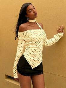 Opulessa Women's Polka Dot Print Ruched Off-Shoulder Flare Sleeve Top - Light Yellow - View 4