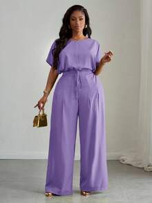 Slaydiva Setelan Wanita Ukuran Plus 2 Potong: Atasan Crop Longgar Ungu dengan Bahu Jatuh dan Tali Serut di Bagian Bawah & Celana Panjang Lebar dengan Saku, Pakaian Kasual Cerdas Musim Panas untuk Sehari-hari - Mauve Purple - View 5