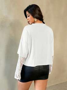 Auralis 大码女式休闲宽松纯色棕色圆领T恤，甜美蕾丝拼接透视长袖T恤，Y2K时尚休闲街头风穿搭 - 白色 - 查看 3