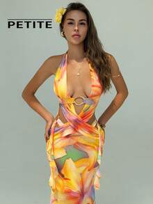 SHEIN Aloruh Petite Petite Women's Sexy Elegant Tropical Backless Criss-Cross Strap Tight Dress, Suitable For Summer Vacation, Beach Vacation Golden Yellow - Multicolor - View 5