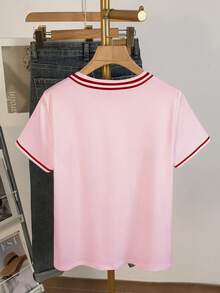 Resyla 女士休闲户外运动T恤，夏季新品，适合约会，甜美风格，心形图案设计，粉色和红色撞色，返校季，教师节，女士短袖T恤 - 彩色 - 查看 2