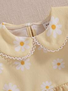 Souflis Souflis Vestido de Bebê Menina Estilo Francês com Estampa de Margarida, Vestido de Princesa Doce com Gola Peter Pan e Mangas Bufantes, Visual Casual Chique para Brincadeiras, Escola e Mais Ocasiões - Amarelo - Visão 4
