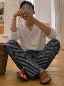 DAZY Quần dài mặc nhà kẻ sọc cạp chun cho nam, thích hợp cho mùa xuân/hè. - Nhiều màu - Xem 4