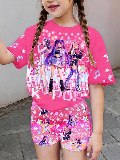 2件套少女K-Pop卡通人物多巴胺彩色渐变印花休闲落肩短袖T恤和短裤套装，适合夏季穿着