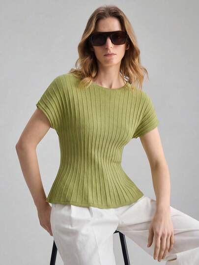Ontre 2026SS New Women's Sweater, Short Sleeve Knitted Top, Toothpick Stripe Design, Solid Color Round Neck Short Sleeve Fashion Versatile Sweater For Women, Suitable For Wedding Season, Wedding Guests, Holiday Parties, Romantic Valentine's Day, Waist Cinching, Loose Fit, Spring/Summer, Office Wear, Casual Outings, Casual Spring/Summer Attire, Independence Day, Urban Chic, Minimalist Stylish Commuter Sweater