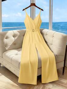 GlowEve Bộ jumpsuit nữ mùa hè màu trơn cổ chữ V không tay ống rộng, kiểu dáng thanh lịch với phần eo xếp ly. - Màu vàng - Xem 5