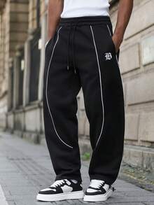 PAVTROS 男士INS风黑色弯刀裤，刺绣装饰，抽绳裤脚设计，休闲服饰，送给男友/老公的礼物，周年纪念礼物，宽松运动裤 - 黑色 - 查看 3