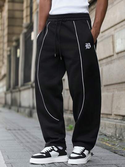 PAVTROS Calça masculina preta estilo INS com corte reto, detalhes bordados, barra com cordão, ideal para uso casual, presente para namorado/marido, presente de aniversário, calça de moletom folgada.