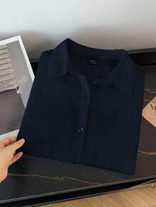 SHEIN CURVE+ Plus Size Summer Casual Solid Color Front Button Short Sleeve Shirt - Navy Blue - View 3