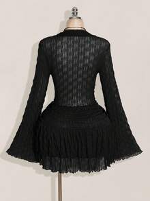 SHEIN ICON Lettuce Edge Asymmetric Hem See-Through Top (Without Bra) Double Layer Cake Skirt Two Pieces Set, Suitable For Autumn - Black - View 2
