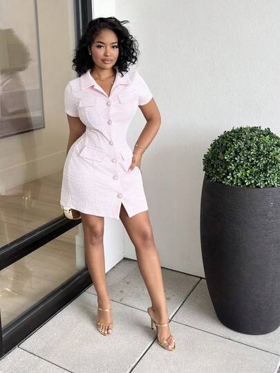Alexandranx Fall Must-Have Women's Pink Plaid Short Sleeve Single-Breasted Elegant Mini Dress | 2025 New Arrival Autumn Clothes, Fall Clothes For Back To School & Teacher Outfits | Old Money Style Preppy Chic With Front Metal Button Accents, Modest Business Casual Dress For Daily Commute, Office & Autumn Essential Thanks Giving Party Summer Evening Dress