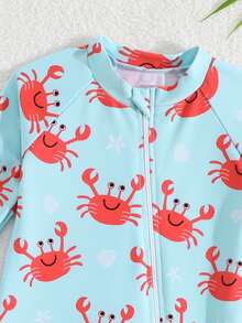 SHEIN 6-9 个月男婴长袖泳衣，可爱螃蟹卡通印花连体泳衣 - 彩色 - 查看 4