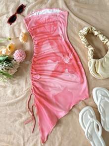 SHEIN 少女休闲简约舒适优雅波西米亚热带风情针织条纹扭结迷你连衣裙 - 粉色 - 查看 2