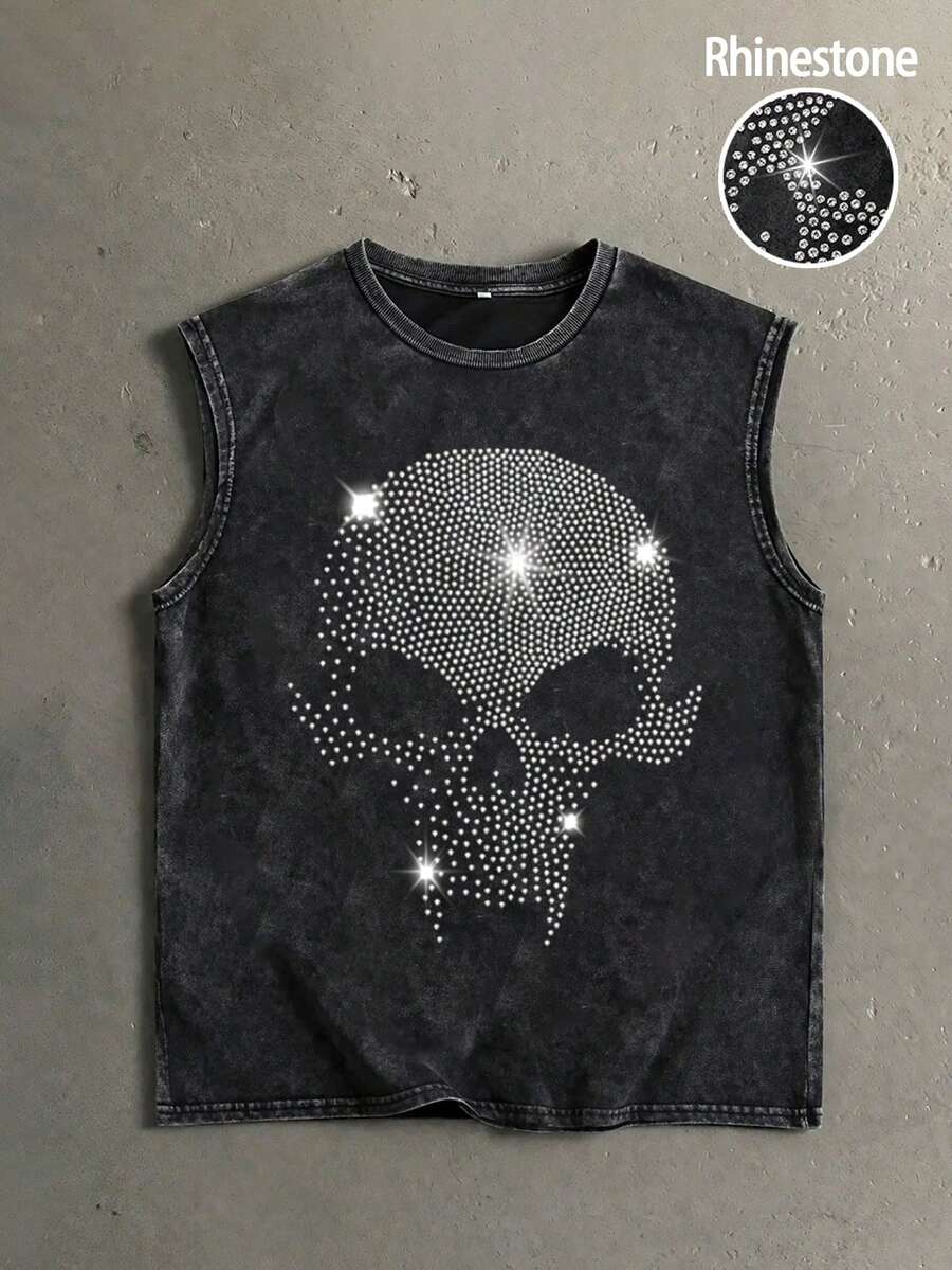 Manfinity EMRG Men's Street Style Faux Rhinestone Skull Cotton Tank Top, Music Festival Vest - Black - View 1
