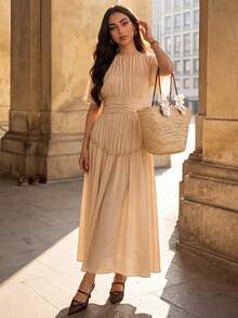 Selianne Women's Solid Color Casual Sexy Pleated Long Dress Golf Pastal Summer - Apricot - View 5