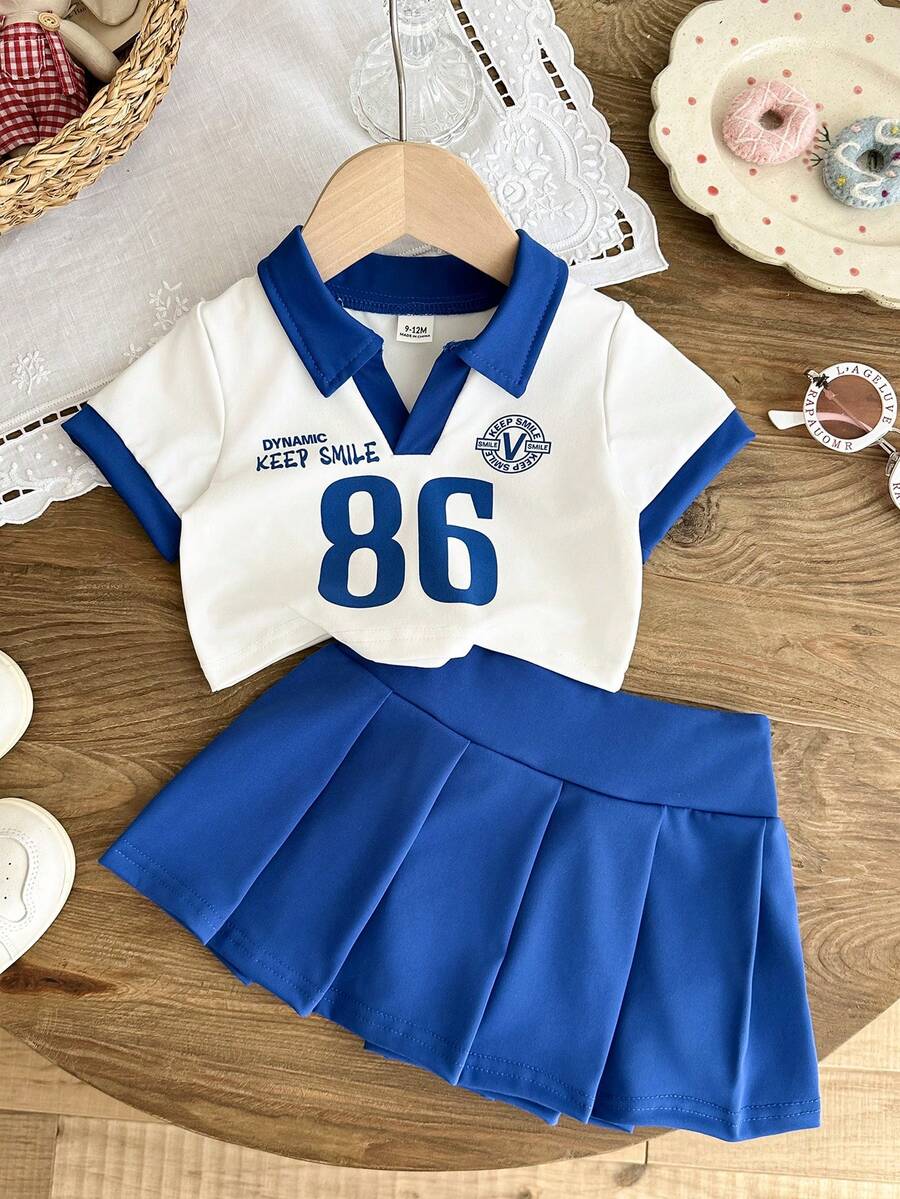 SHEIN 2Pcs Baby Girl Toddler New Born 0-3 Years Old Blue White Stripe Summer Casual College Sporty V-Neck Polo Short Sleeve Tee Shirt Pleated Skirt Set - Blue - View 1
