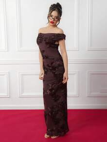 Criza Taa Sexy braunes, schulterfreies Partykleid mit aufwendiger Blumenstickerei. Ein schlichtes und elegantes Kleid, ideal für Partys, Treffen, Dates, Ausflüge, als Hochzeitsgastkleid, Geburtstagskleid oder für einen romantischen Abend. Beliebtes braunes Kleid für Hochzeitsgäste, langes Kleid in Schokoladenbraun. - Braun - Übersicht 4