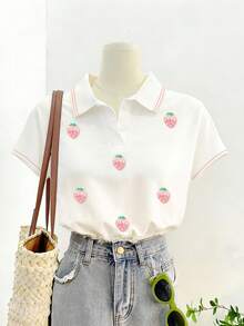 Lalippa Women's Fashion Short Sleeve Casual Strawberry Embroidered T-Shirt, Strawberry Embroidery T-Shirt. Versatile Daily Wear, Suitable For Summer, Comfortable Casual Outdoor T-Shirt, All Season T-Shirt, Fruit T-Shirt, Polo Shirt - White - View 5