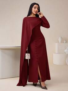 Women's Solid Color Round Neck Ribbon Design Button Elegant Dress Burgundy Dress For Women Long Sleeve Long Dress - Burgundy - View 5