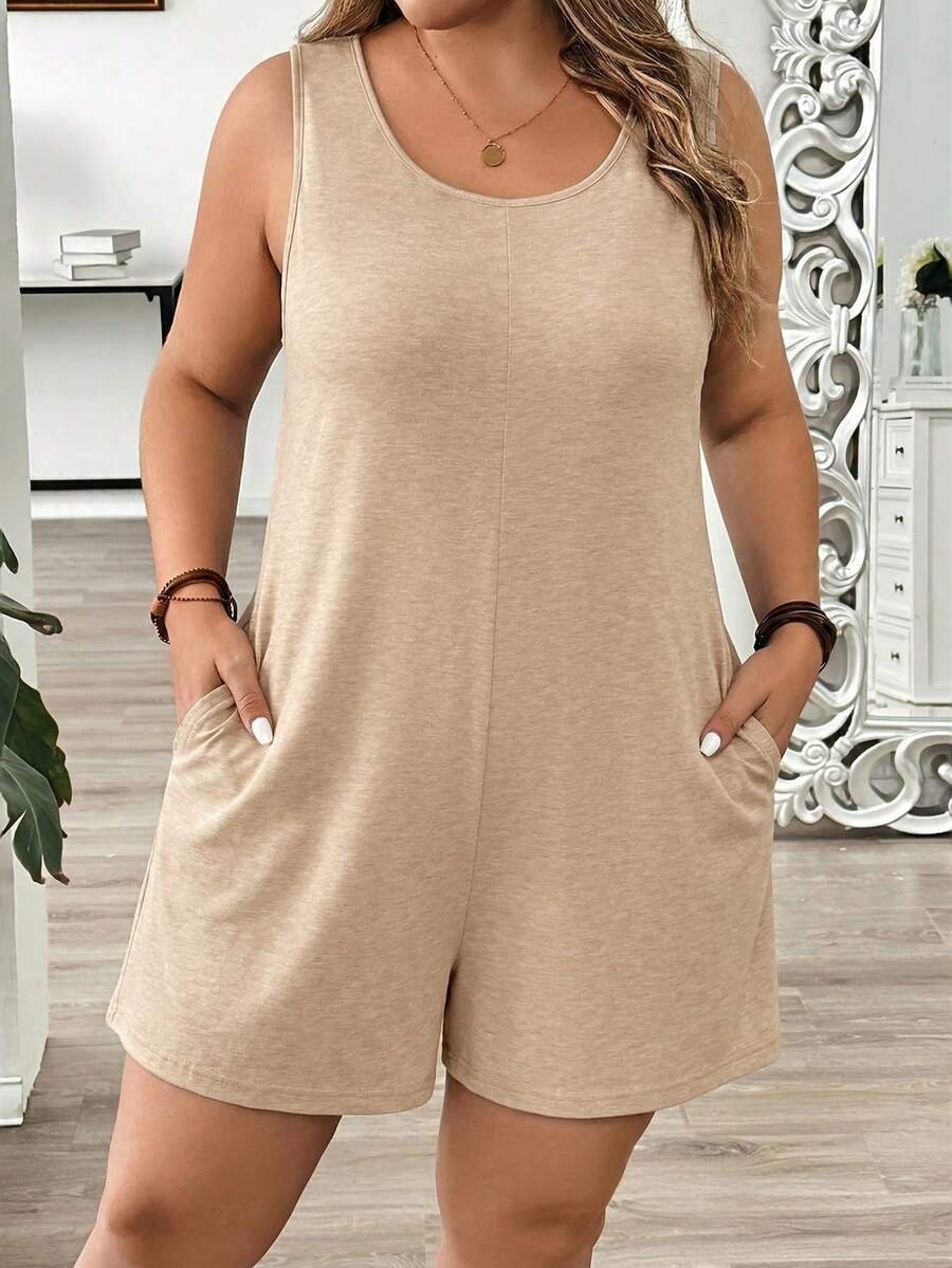 SHEIN LUNE 大码无袖纯色休闲连体衣 - 杏色 - 查看 1