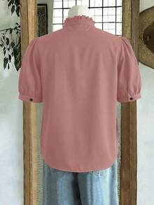 Linhara Blusa de manga corta abullonada de unicolor para mujer de talla grande, adecuada para el Día de San Valentín & primavera - Rosa vieja - Ver 2