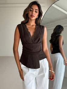 Aloruh New Minimalist Fashion Commuter Lace Patchwork Waist Ruched Asymmetric V-Neck Pullover Blouse - Brown - View 8