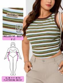 Solflare Nuevo conjunto casual versátil de primavera/verano, adecuado para salidas, uso diario, fiestas, ir al trabajo, festivales de música, vuelta al colegio, graduación, vacaciones, ropa urbana, ropa de estar en casa, explorar tiendas, pasear por la ciudad, uso en múltiples ocasiones, se puede usar como prenda exterior o en capas, tonos terrosos, verde militar, rayas multicolor, tejido elástico de punto, fruncido en la cintura, corto, cuello redondo, bajo asimétrico, camiseta y top de tirantes talla grande - Multicolor - Ver 1