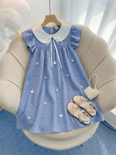 Emery Rose Kids Đầm dệt kim cổ Peter Pan phối màu tương phản dành cho bé gái tuổi teen, kiểu dáng thường ngày.