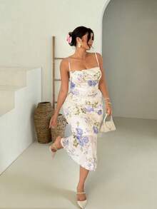 Firerie Plus Size Elegant Minimalist Spaghetti Strap Full Print Pink Playful Date Afternoon Tea Fitted Mermaid Midi Dress - Blue - View 6