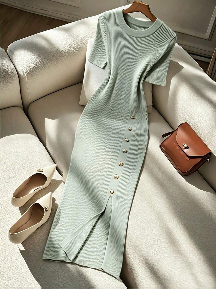 Franclia Women's Elegant Fitted Round Neck Short Sleeve Slit Decorative Button Knit Dress, Summer - Mint Green - View 1
