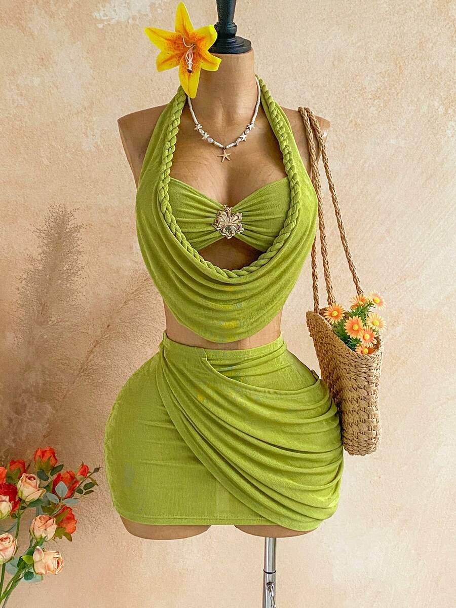 Soleia Conjunto de 2 piezas de top halter sin espalda y falda para vacaciones en la playa para mujer - Verde - Ver 1