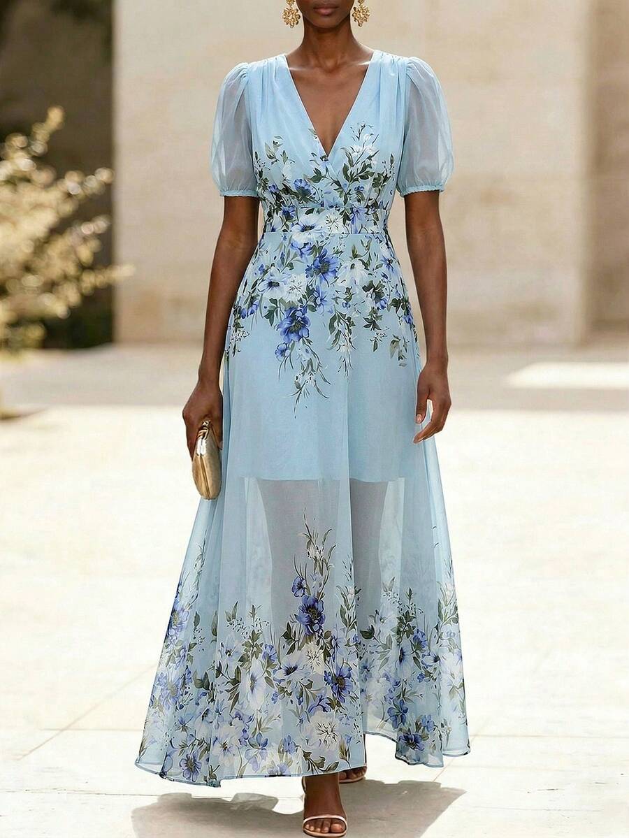 SHEIN Clasi 大码碎花V领雪纺连衣裙，夏季 - 藍色 - 查看 1