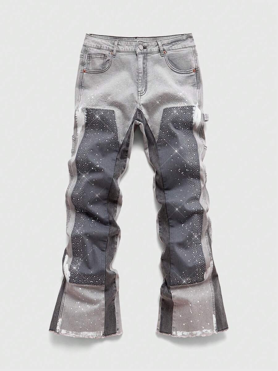 ROMWE MEN Street Life Men's Casual Fashion Street Patchwork Contrast Color Rhinestone Embellished Flared Jeans - Grey - View 1