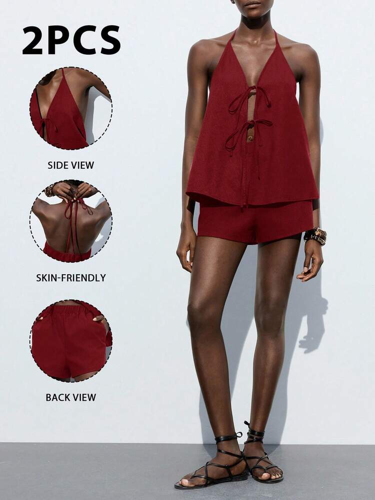 SHEIN Maija Women's Solid Color Front Tie Halter Top And Shorts Sexy 2-Piece Set, Casual Business Outfit, Beach Holiday Bohemian Style,Summer Holiday Outfits