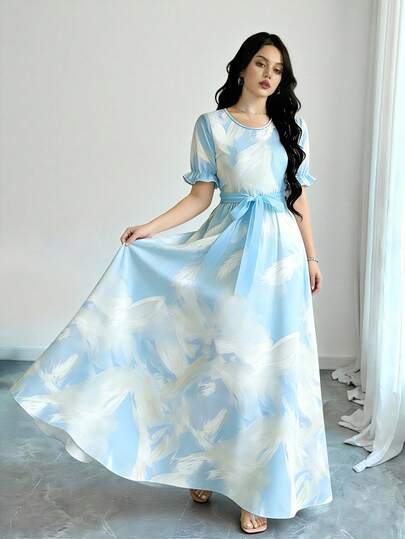 Modelyn 扎染撞色印花浅蓝色长款连衣裙，女士时尚圆领短泡泡袖设计，配腰带，休闲优雅连衣裙，夏季