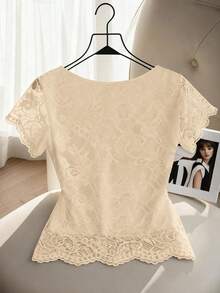 GlowEve Women's V-Neck Lace Trim Casual Versatile Daily Wear Blouse - Khaki - View 2