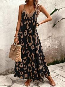 EMERY ROSE Gaun Tanpa Lengan Motif Leopard untuk Wanita, Gaun Liburan Kasual Maxi untuk Pantai - Hitam - View 6