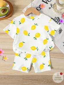 女童（小号）T恤套装，夏日柠檬印花，活力百搭，充满夏日气息 - 彩色 - 查看 3