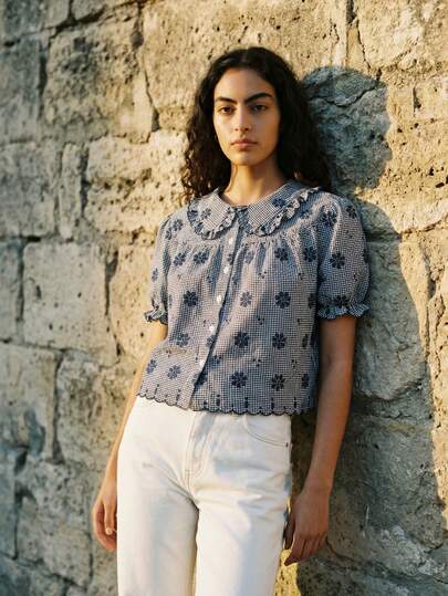 lacRébo Áo kiểu dáng rộng rãi thêu hoa với viền lượn sóng, kiểu Pháp cổ điển, áo mùa xuân, áo thường ngày dễ thương, áo thanh lịch, áo đi nghỉ mát, áo công sở, phong cách Paris mùa xuân hè kiểu Pháp.