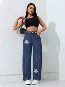 SHEIN PETITE Women's Beaded Five-Pointed Star Patch Dark Blue Wide-Leg Jeans - Dark Wash - View 4