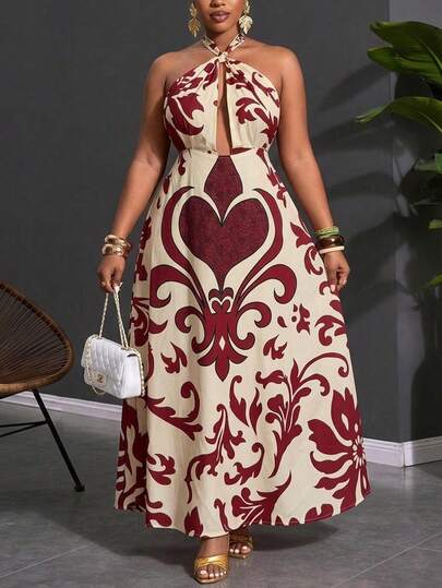 Slaydiva 春夏新款度假休闲沙滩篝火派对日光浴酒店度假村邮轮假期日常出行旅行浪漫假期缤纷假期波西米亚风游牧风优雅假期性感假期无袖露背系带露背长裙，复古印花梭织面料，大码