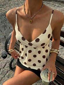 Muchica 女士休闲度假奶油黄波点吊带背心 - 完美适合外出、街头风、Y2K风格、春夏复古软妹风、度假、返校、音乐节、午后穿着 - 彩色 - 查看 2