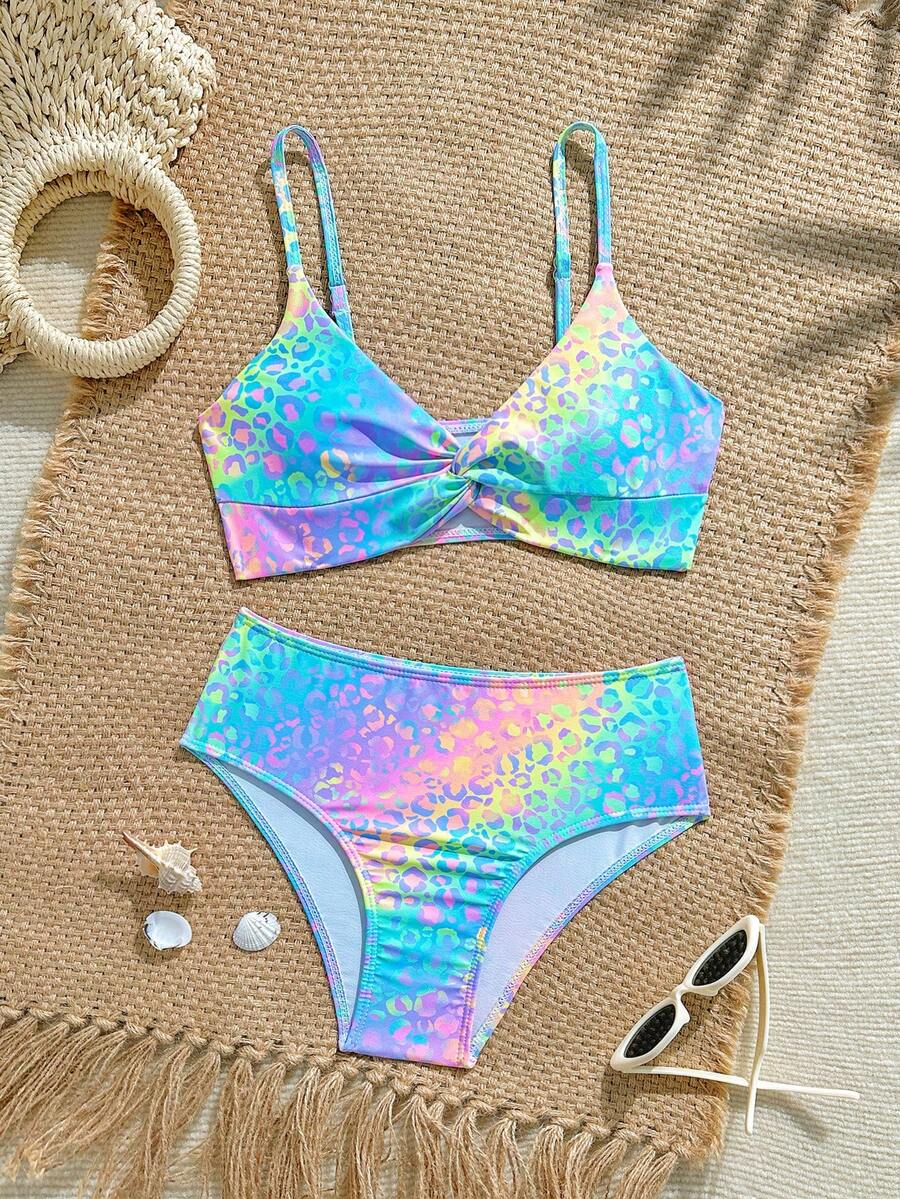 SHEIN 两件套少女格子碎花弹力速干舒适针织面料连体泳衣套装，适合游泳池、海滩、冲浪、度假、夏季旅行