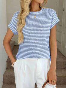 Easowa Drop Shoulder Striped Waffle Texture Casual Vacation Elegant Women T-Shirt,Summer Top - Blue and White - View 6