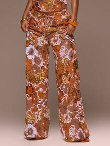 MUSERA Floral Sequin Embellished Wide Leg Pants Girly Spring Summer Vacation Night Out Cute Occassion Golden Sands - Orange - View 2