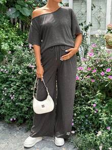 SHEIN 2 piezas Conjunto de top de manga corta con hombro asimétrico y pantalones de unicolor para maternidad de verano - Gris - Ver 5