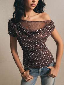 Poéselle 不对称露肩波点女式T恤，春夏款 - 咖啡棕 - 查看 5